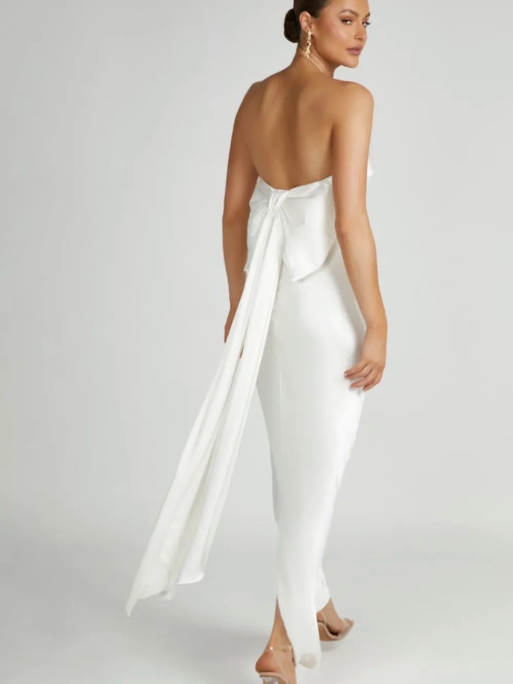 Meshki White Strapless Satin Dress with Draped Bow Back